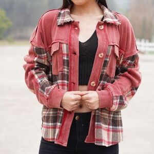 Avani Del Amour Women's Size M  Enzyme Wash Twill & Plaid Flannel Shirt In Wine